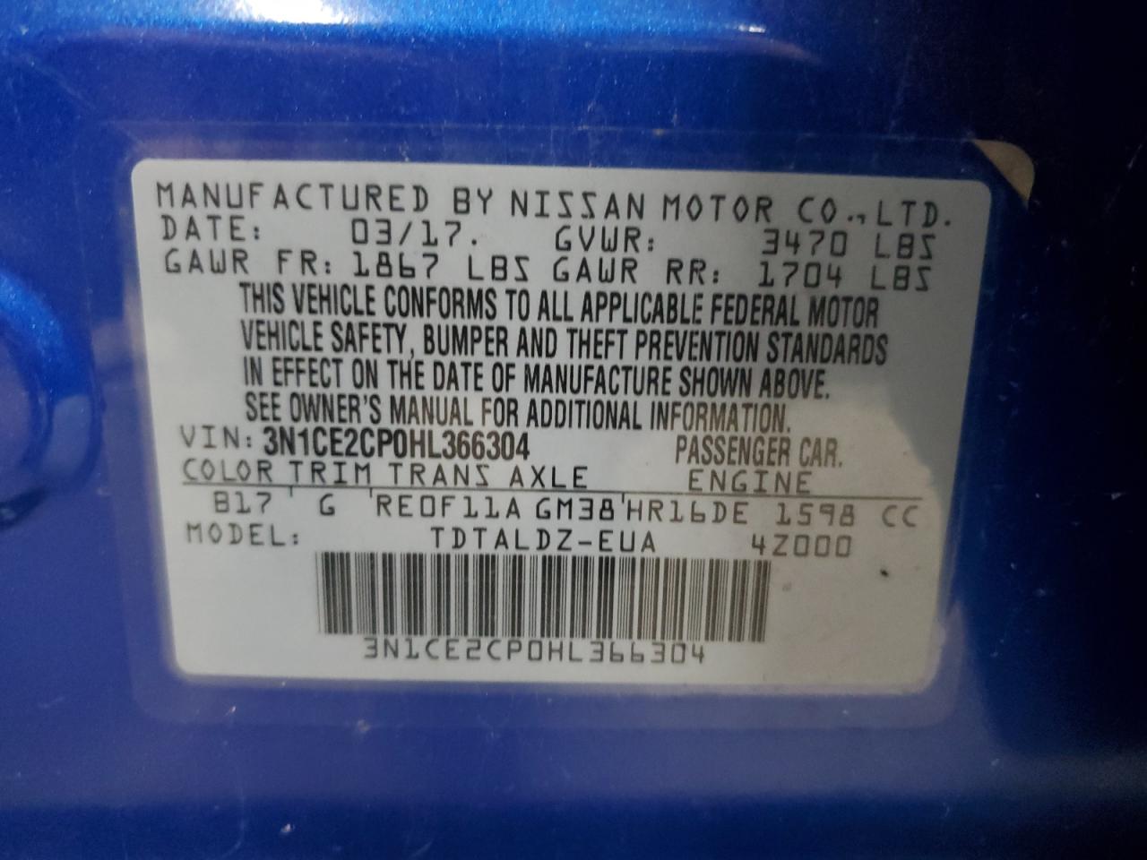 2017 Nissan Versa Note S VIN: 3N1CE2CP0HL366304 Lot: 65276475