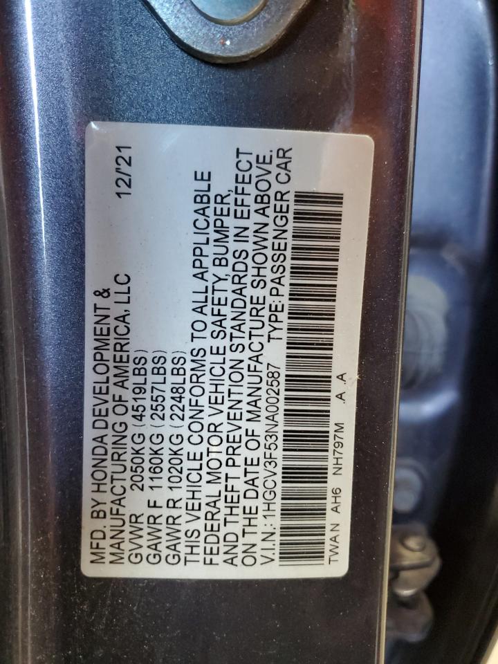2022 Honda Accord Hybrid Exl VIN: 1HGCV3F53NA002587 Lot: 65478495