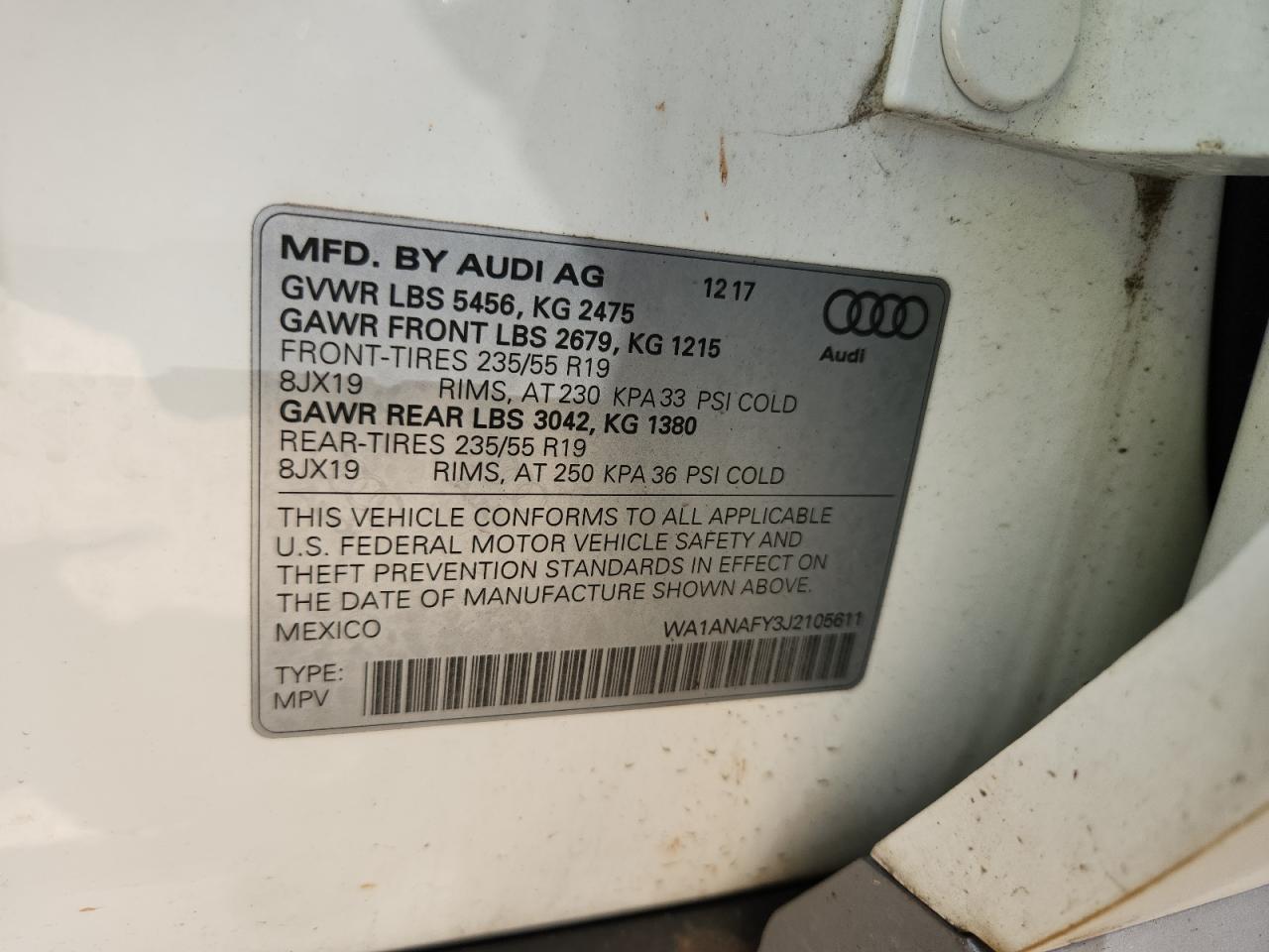 wa1anafy3j2105611 WA1ANAFY3J2105611 2018 Audi Q5 Premium
