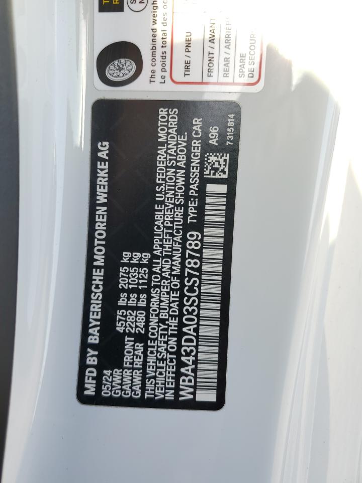 2025 BMW 430I VIN: WBA43DA03SCS78789 Lot: 64136815