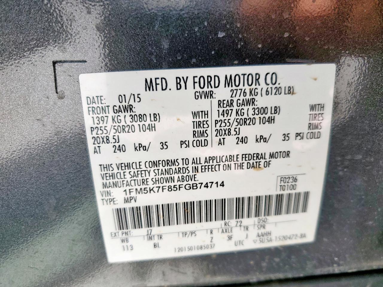 2015 Ford Explorer Limited VIN: 1FM5K7F85FGB74714 Lot: 65084645