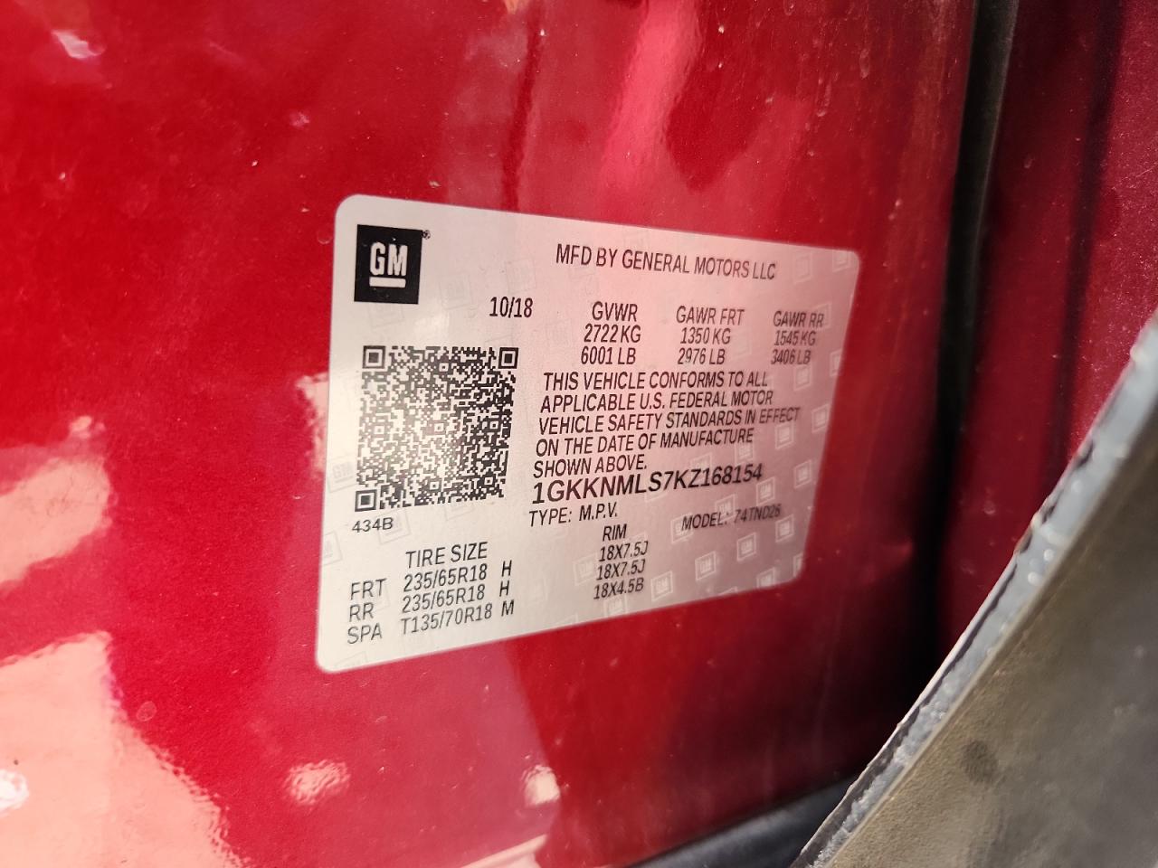 2019 GMC Acadia Slt-1 VIN: 1GKKNMLS7KZ168154 Lot: 64098495