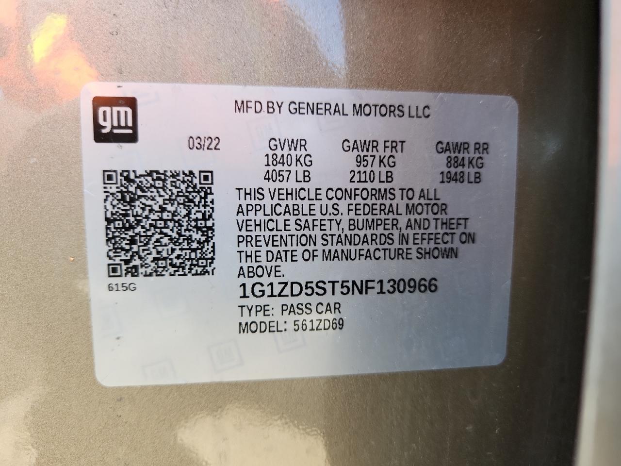 2022 Chevrolet Malibu Lt VIN: 1G1ZD5ST5NF130966 Lot: 62854105