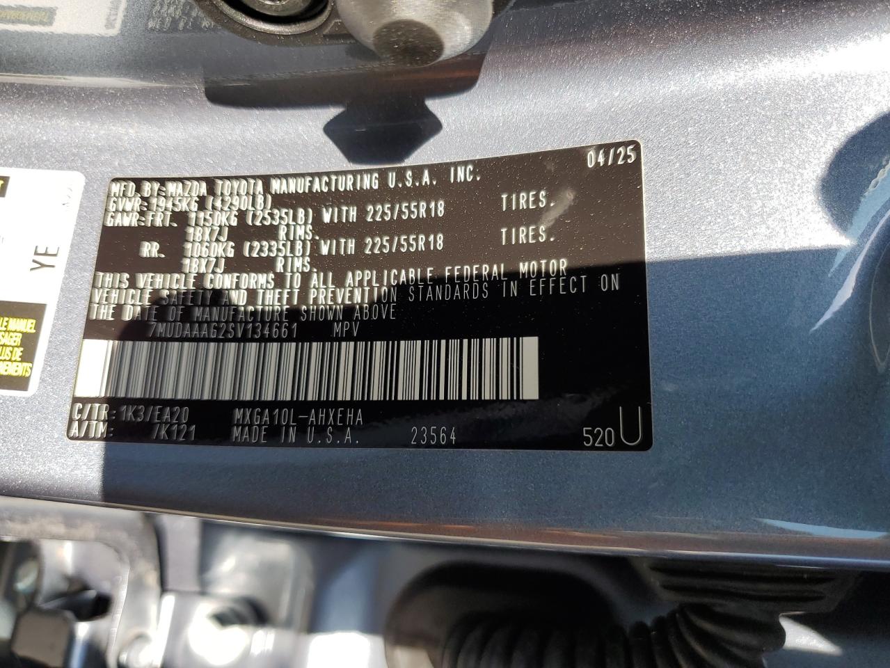 2025 Toyota Corolla Cross Xle VIN: 7MUDAAAG2SV134661 Lot: 64132015