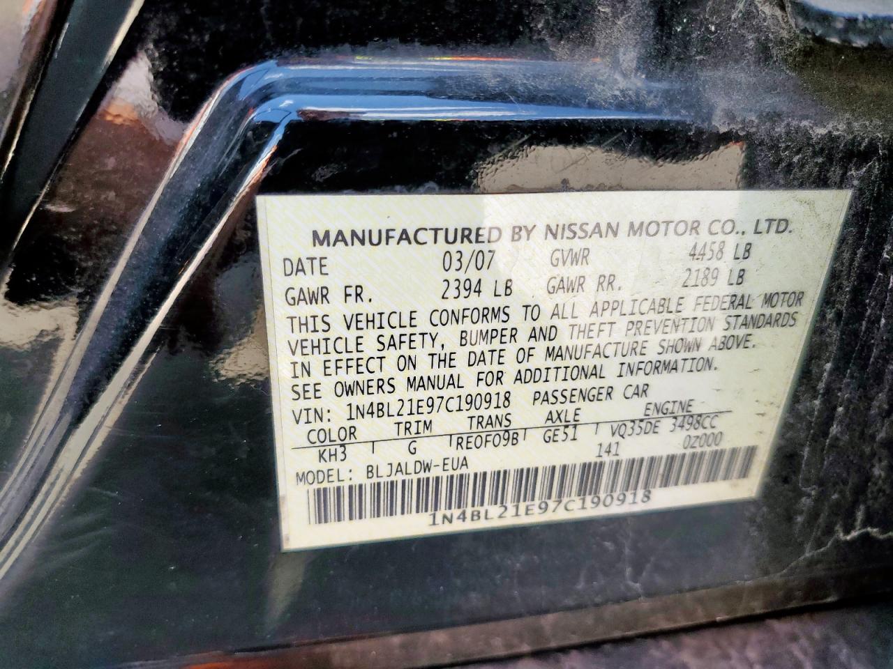 2007 Nissan Altima 3.5Se VIN: 1N4BL21E97C190918 Lot: 64883955