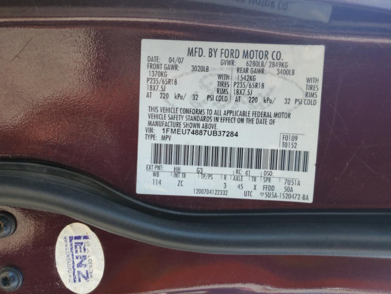 2007 Ford Explorer Eddie Bauer VIN: 1FMEU74887UB37284 Lot: 63638975