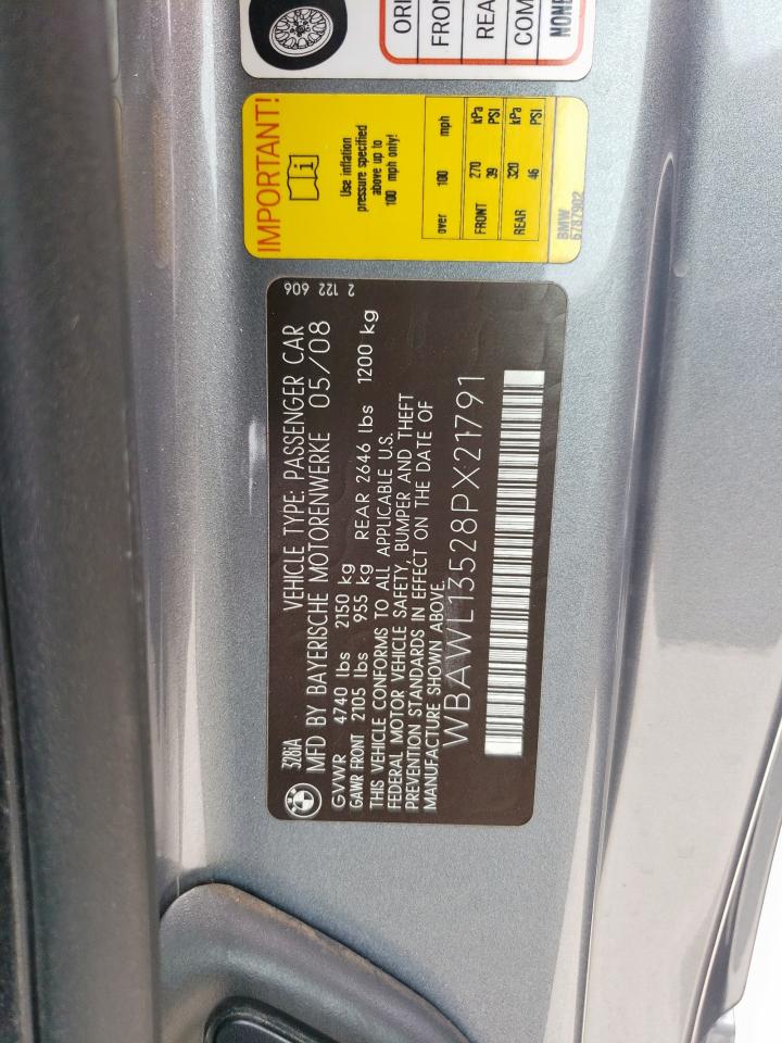 2008 BMW 328 I VIN: WBAWL13528PX21791 Lot: 63444125