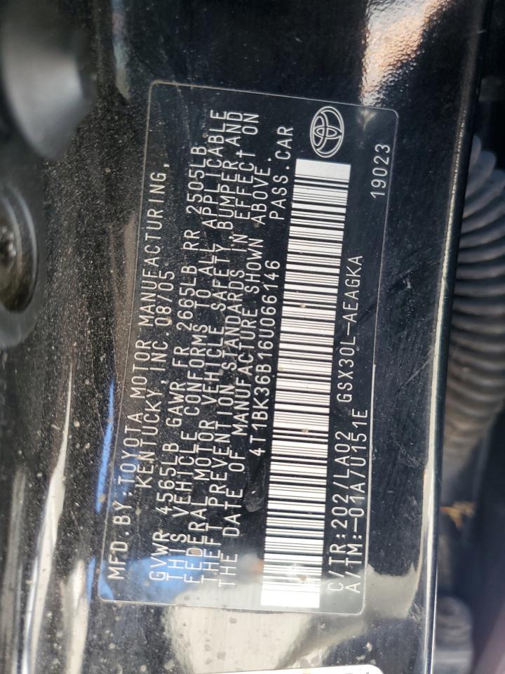 2006 Toyota Avalon Xl VIN: 4T1BK36B16U066146 Lot: 64109835