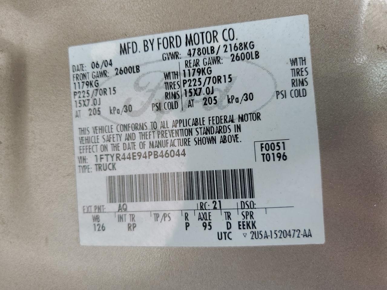 2004 Ford Ranger Super Cab VIN: 1FTYR44E94PB46044 Lot: 62956765