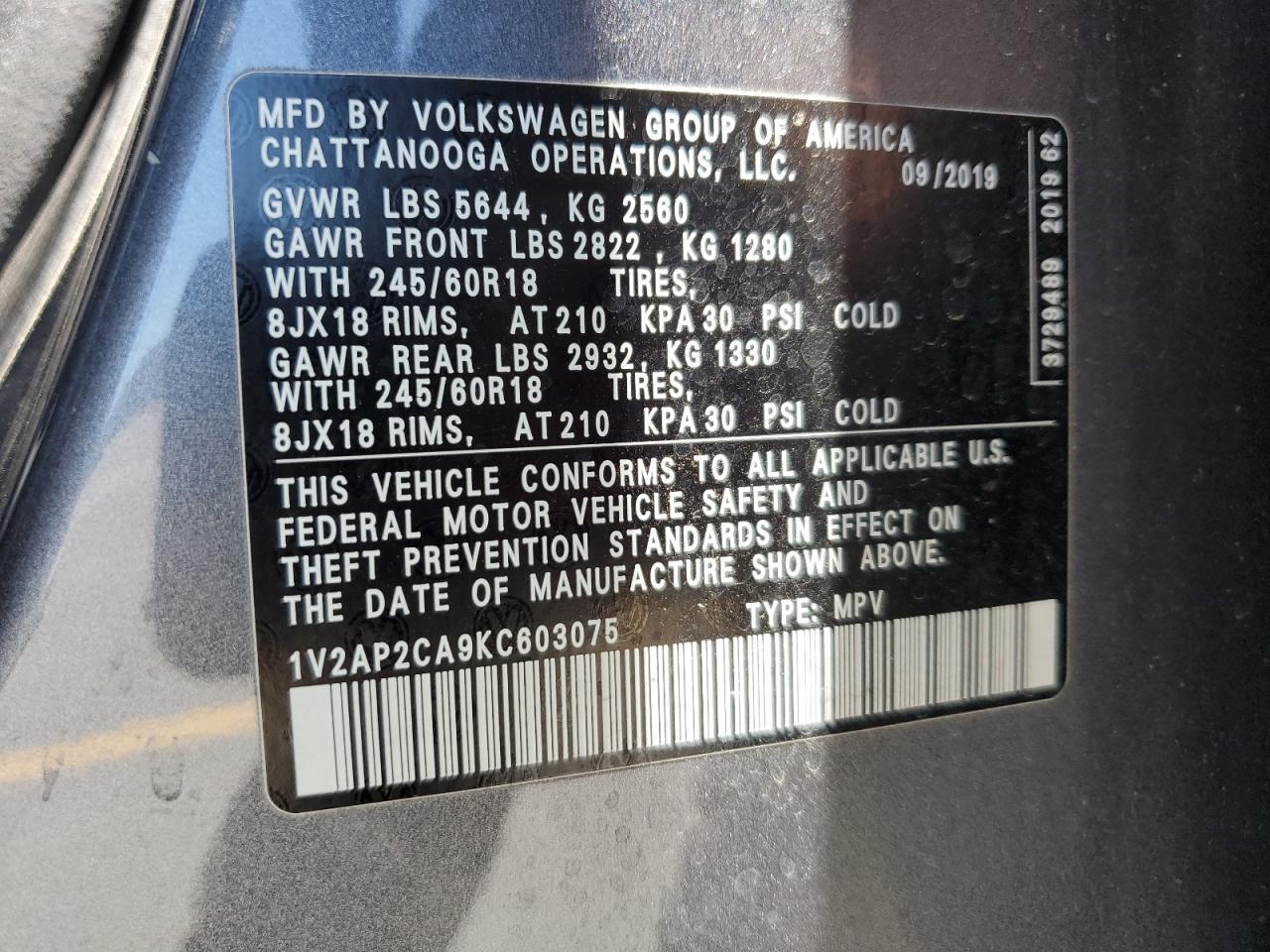 2019 Volkswagen Atlas S VIN: 1V2AP2CA9KC603075 Lot: 64138935