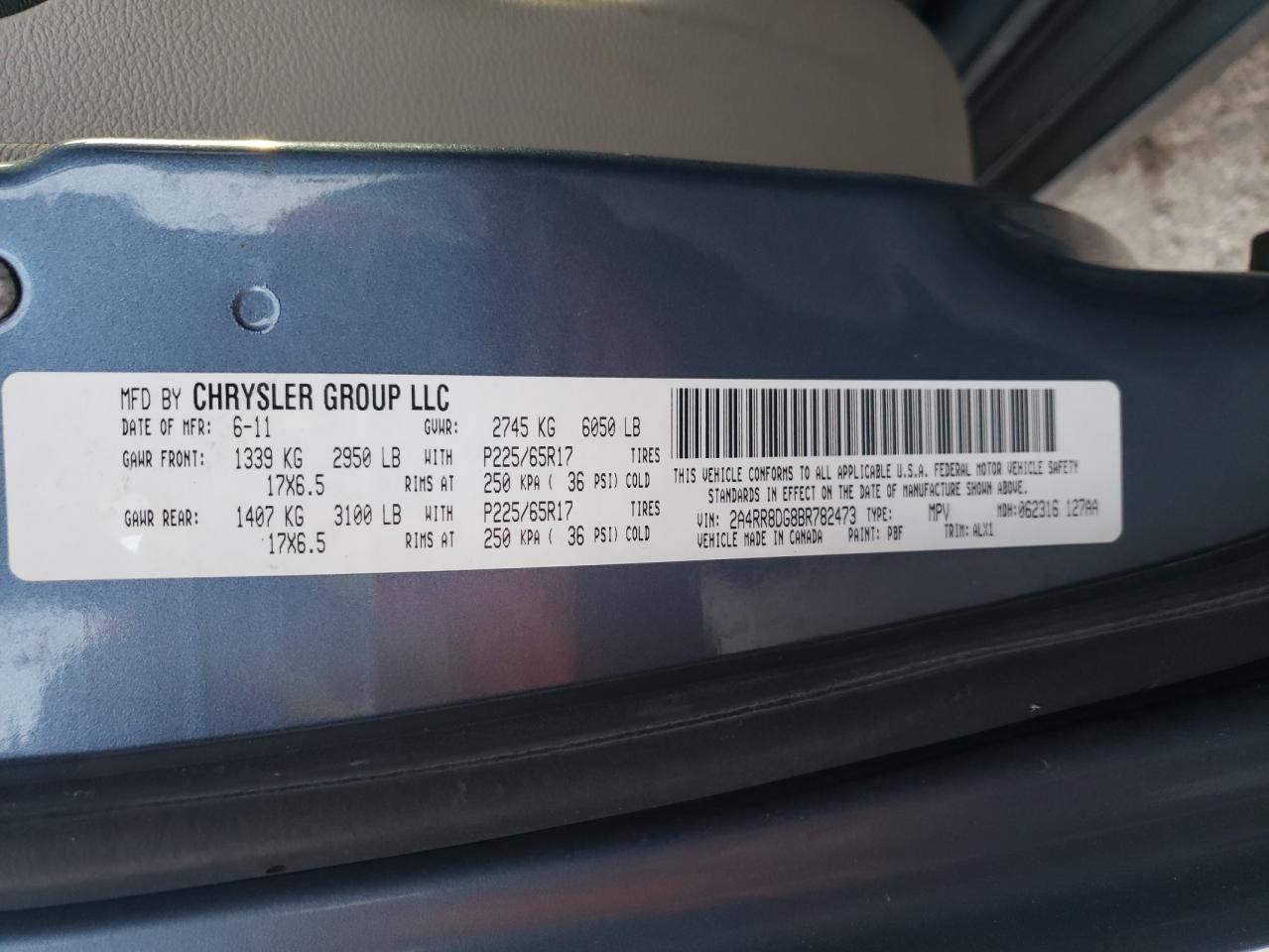 2011 Chrysler Town & Country Touring L VIN: 2A4RR8DG8BR782473 Lot: 65015925