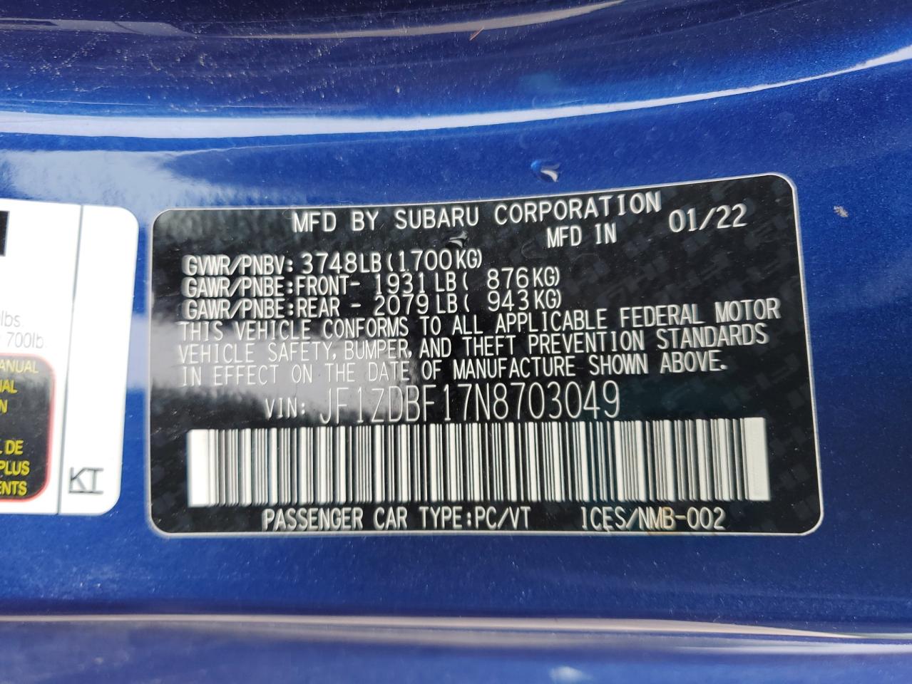 2022 Subaru Brz Limited VIN: JF1ZDBF17N8703049 Lot: 62386845
