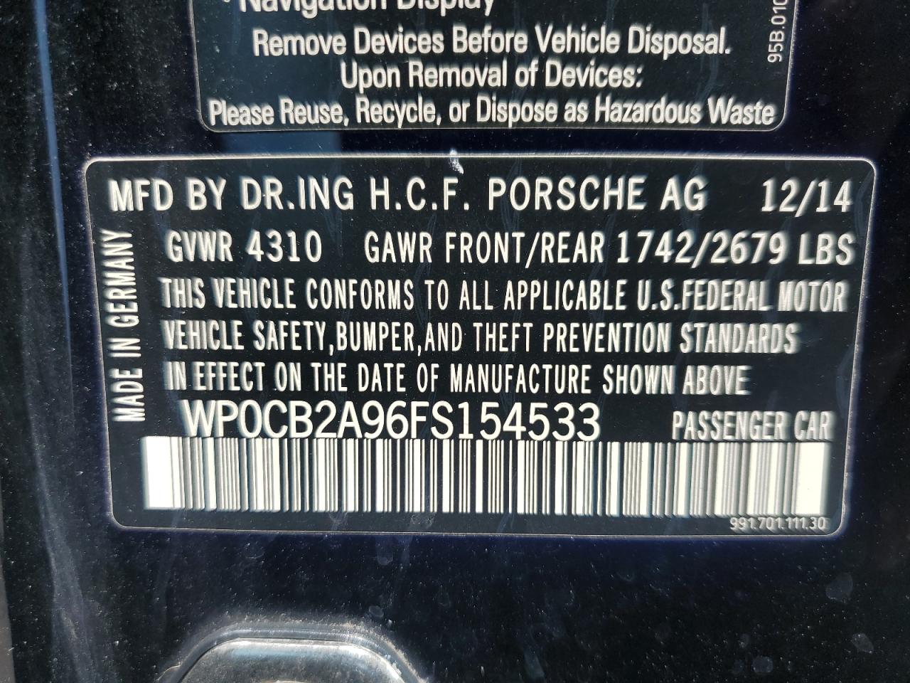 2015 Porsche 911 Carrera S VIN: WP0CB2A96FS154533 Lot: 64636955