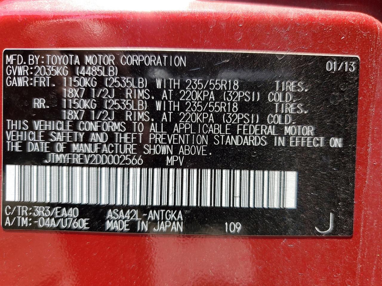 JTMYFREV2DD002566 2013 Toyota Rav4 Limited