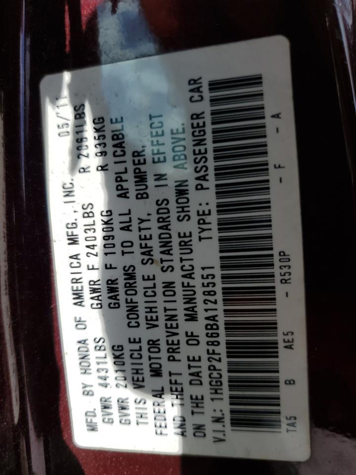2011 Honda Accord Exl VIN: 1HGCP2F86BA128551 Lot: 65067915
