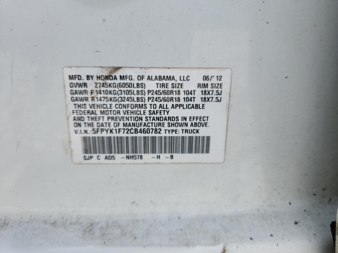 2012 Honda Ridgeline Sport VIN: 5FPYK1F72CB460782 Lot: 64508955