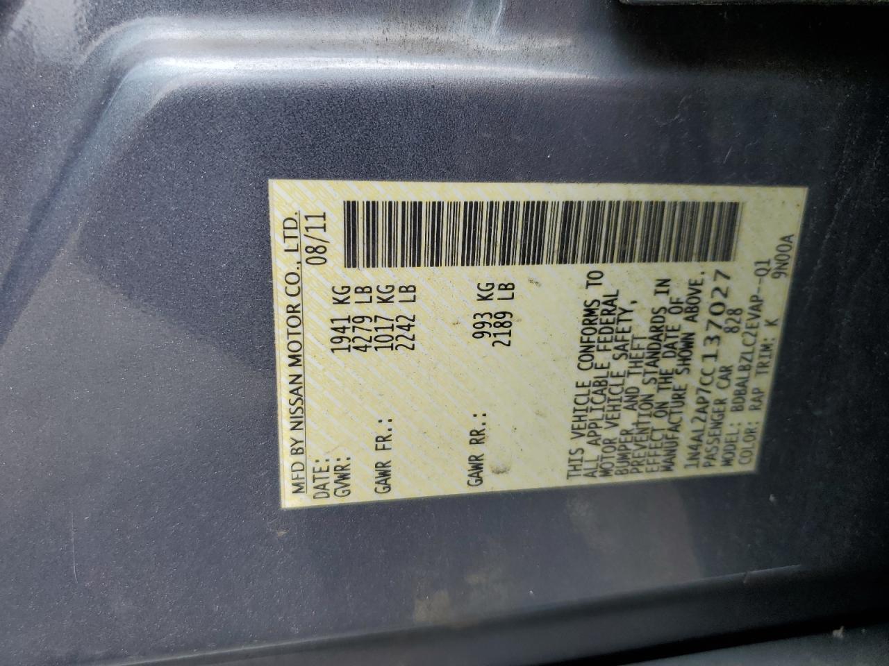 2012 Nissan Altima Base VIN: 1N4AL2AP7CC137027 Lot: 65209185