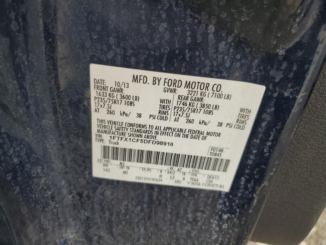 2013 Ford F150 Super Cab VIN: 1FTFX1CF5DFD98918 Lot: 64642965