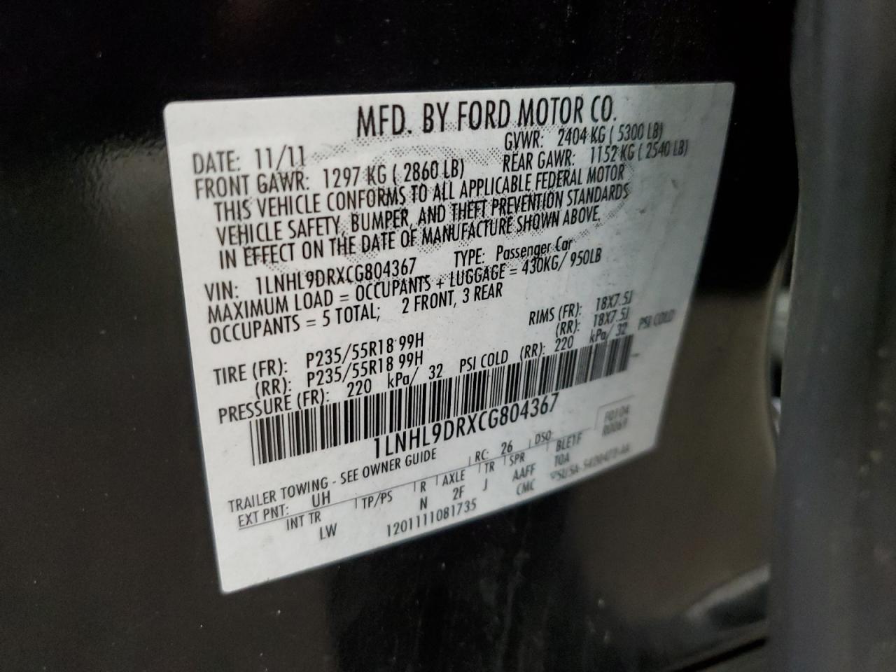 1LNHL9DRXCG804367 2012 Lincoln Mks