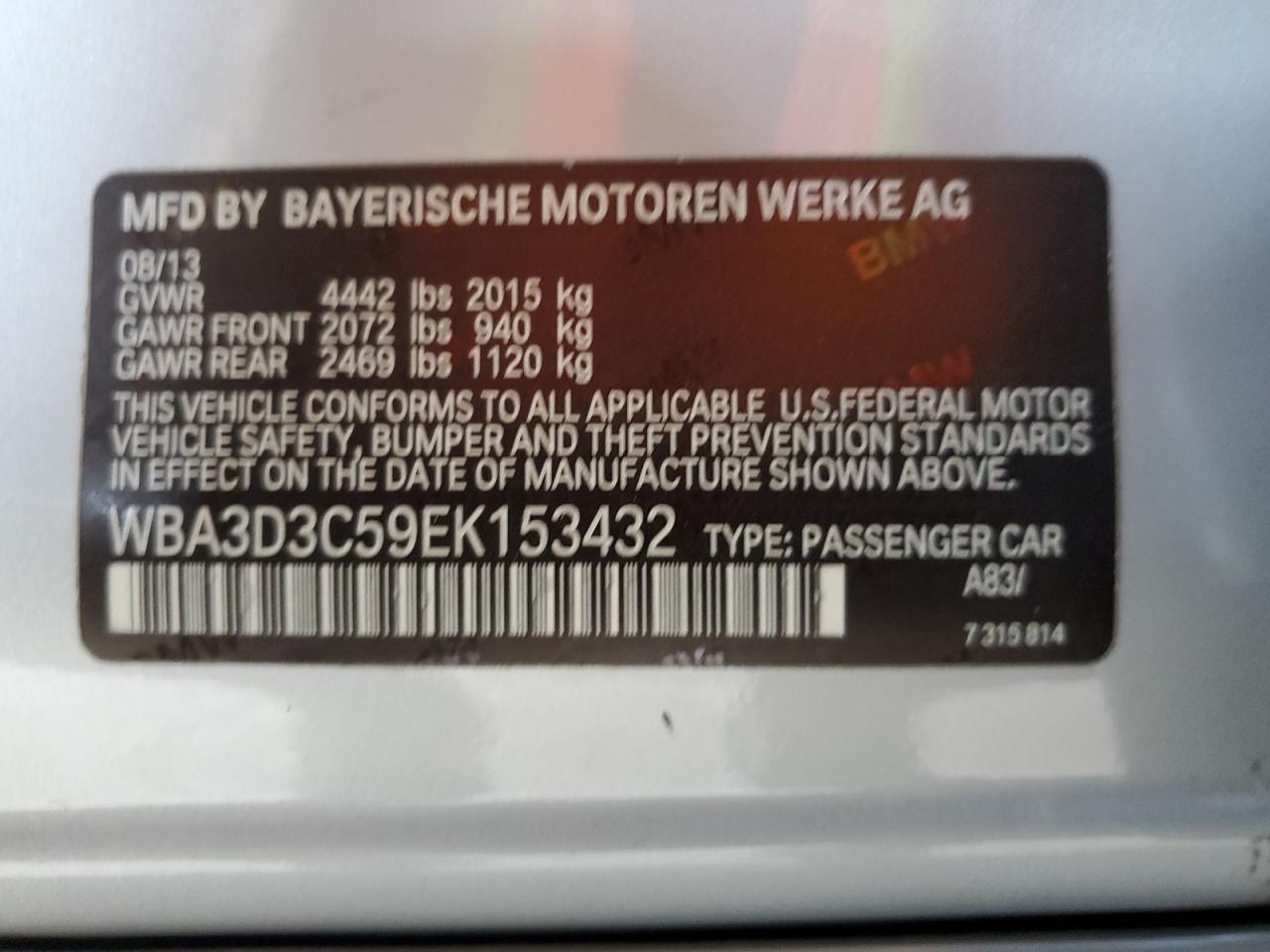 2014 BMW 328 D VIN: WBA3D3C59EK153432 Lot: 67257685