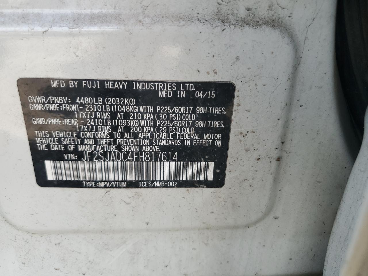 2015 Subaru Forester 2.5I Premium VIN: JF2SJADC4FH817614 Lot: 59705855