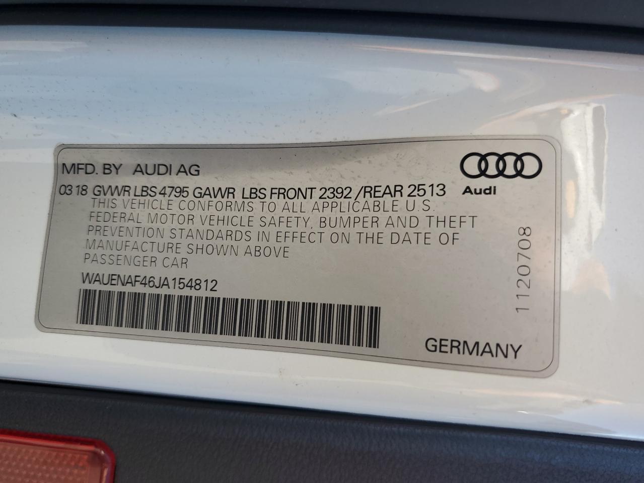 2018 Audi A4 Premium Plus VIN: WAUENAF46JA154812 Lot: 63073775