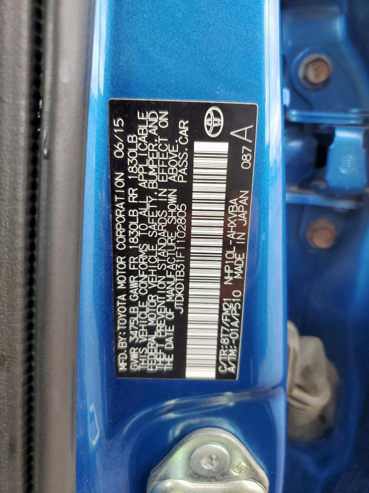 2015 Toyota Prius C VIN: JTDKDTB31F1102805 Lot: 63231165