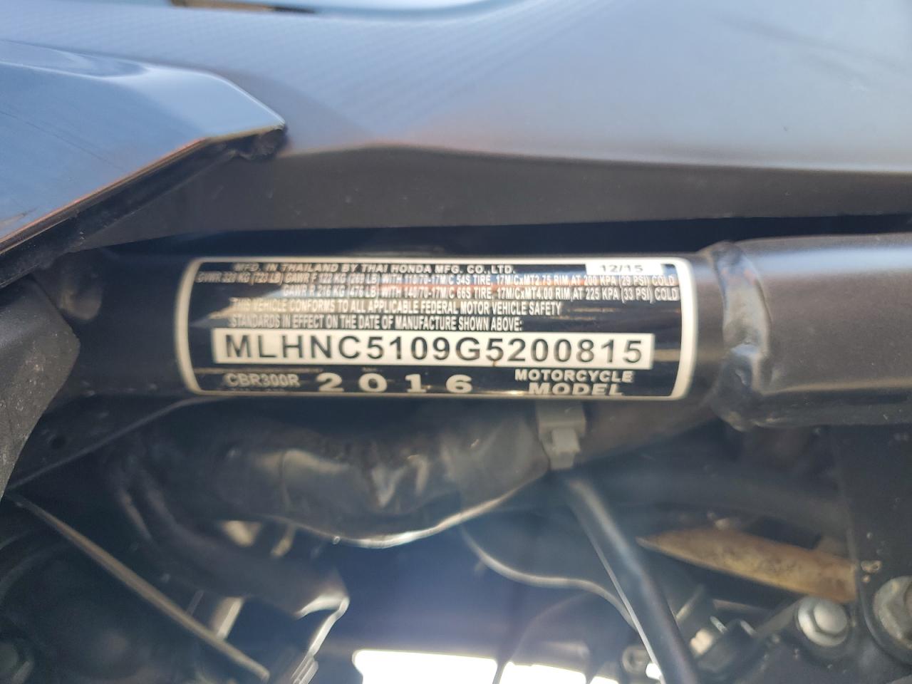 2016 Honda Cbr300 R VIN: MLHNC5109G5200815 Lot: 64802655