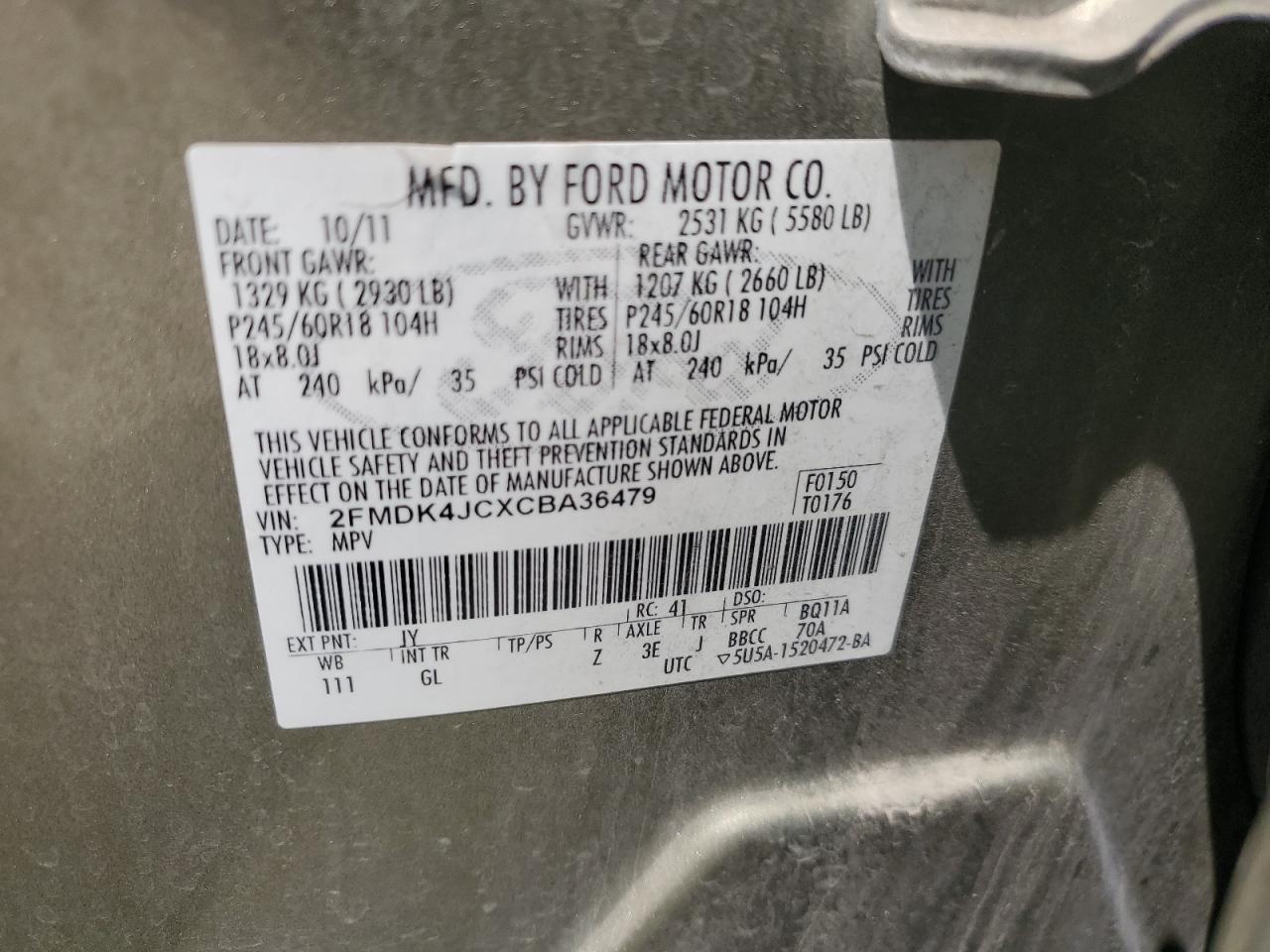 2012 Ford Edge Sel VIN: 2FMDK4JCXCBA36479 Lot: 65052245