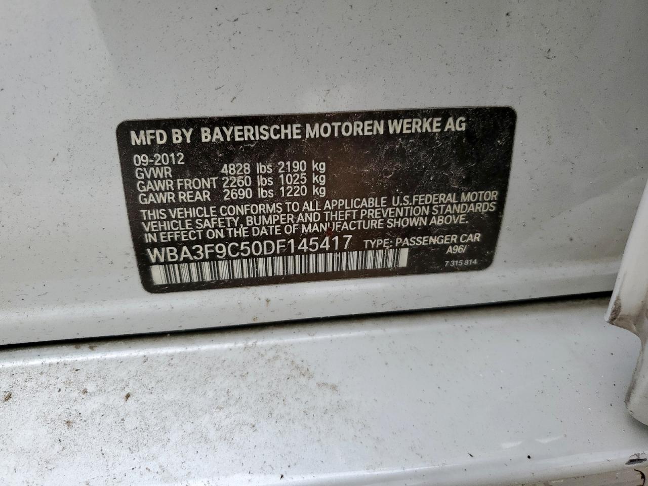 2013 BMW Activehybrid 3 VIN: WBA3F9C50DF145417 Lot: 64524425