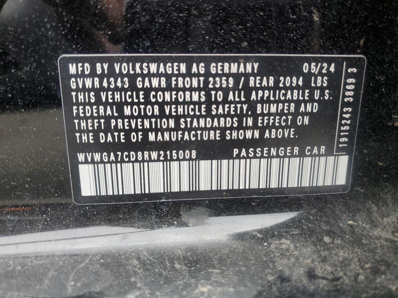 2024 Volkswagen Gti S VIN: WVWGA7CD8RW215008 Lot: 64423405