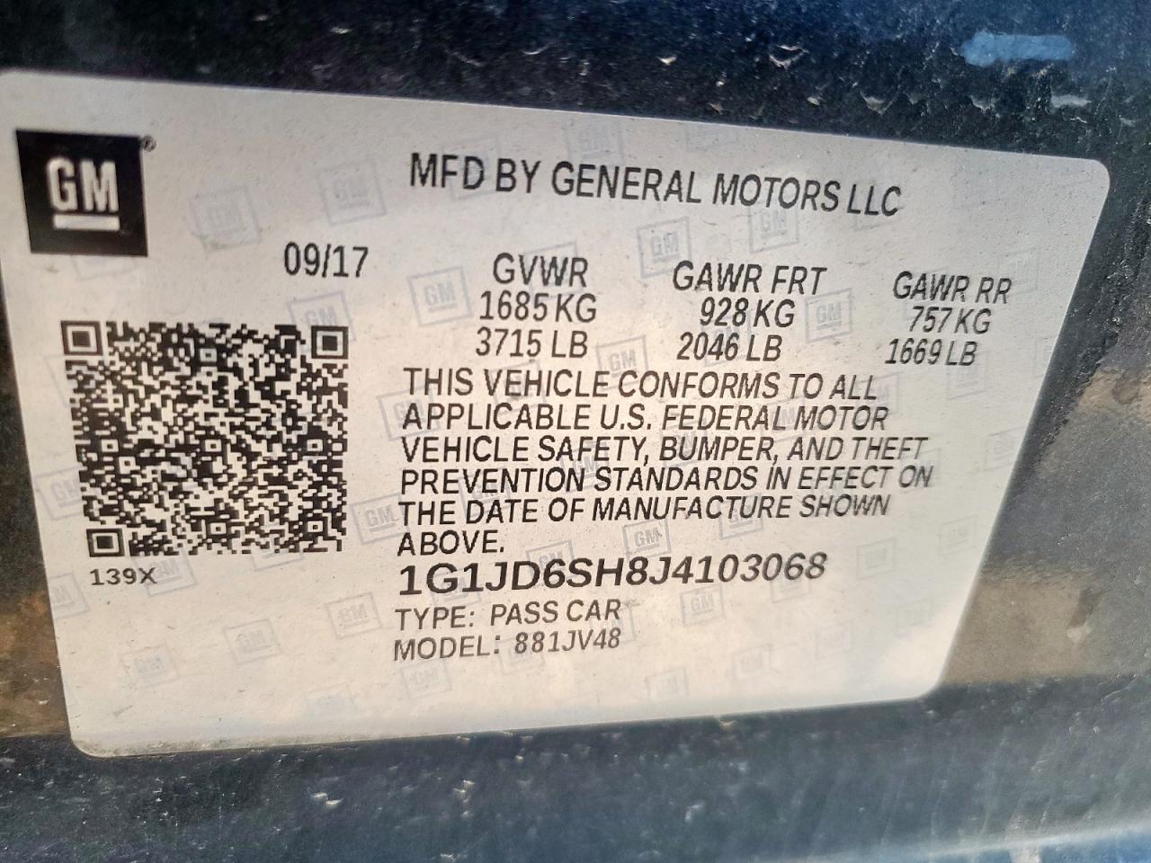 2018 Chevrolet Sonic Lt VIN: 1G1JD6SH8J4103068 Lot: 64688945