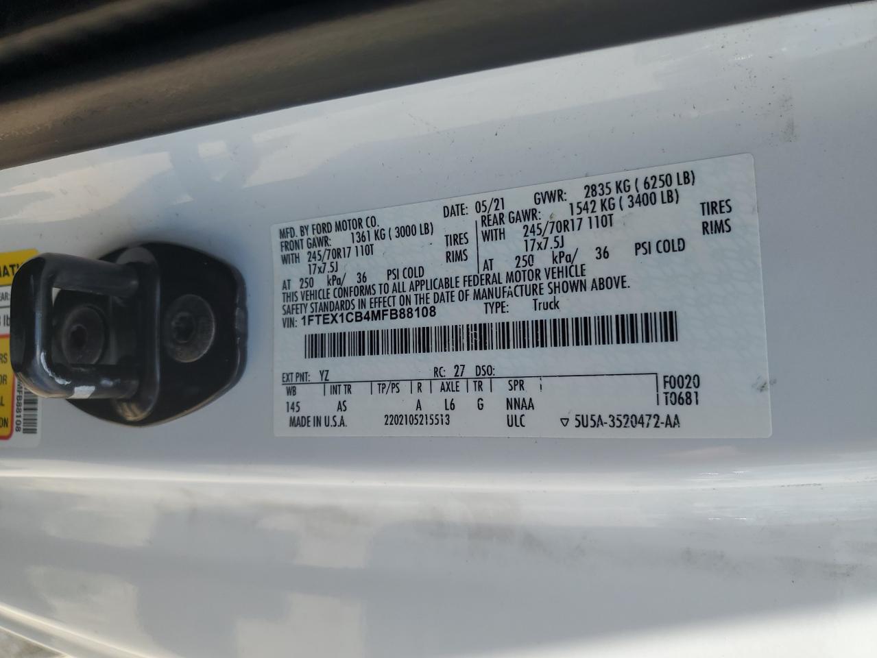 2021 Ford F150 Super Cab VIN: 1FTEX1CB4MFB88108 Lot: 64790635