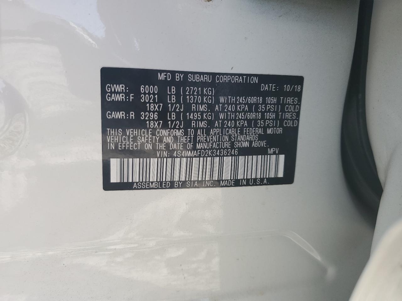 2019 Subaru Ascent Premium VIN: 4S4WMAFD2K3436246 Lot: 64355775