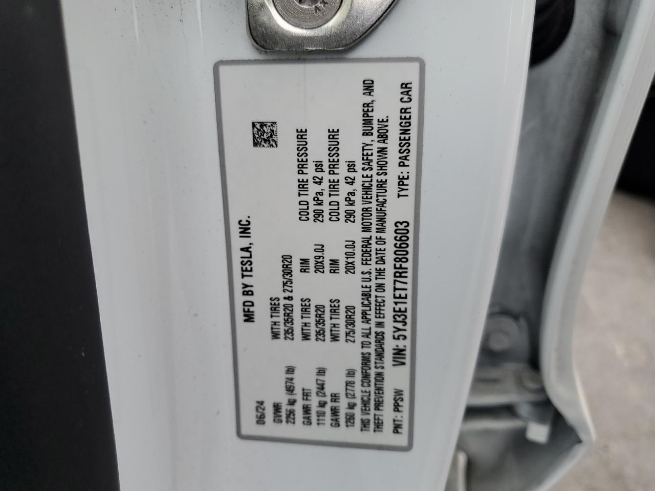 2024 Tesla Model 3 VIN: 5YJ3E1ET7RF806603 Lot: 64622315