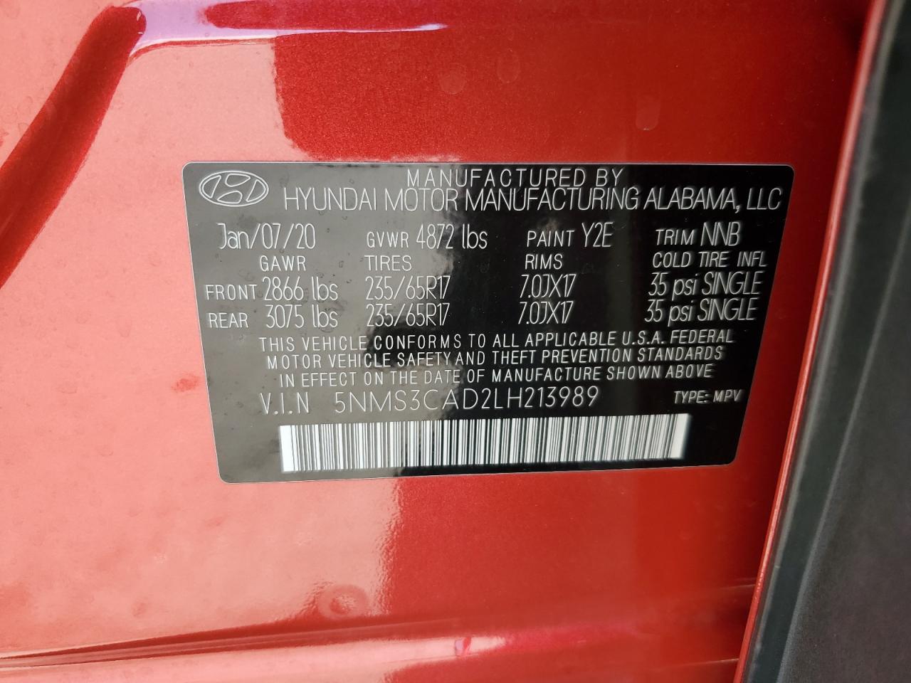 2020 Hyundai Santa Fe Sel VIN: 5NMS3CAD2LH213989 Lot: 64459585