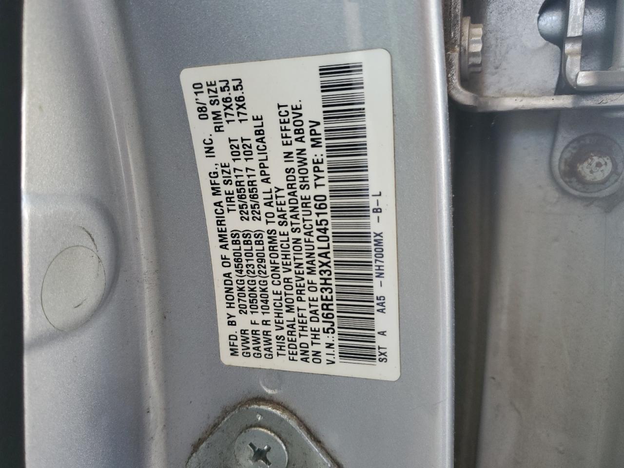 2010 Honda Cr-V Lx VIN: 5J6RE3H3XAL045160 Lot: 64875695