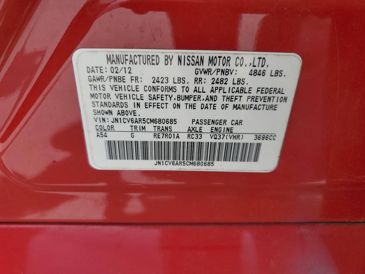2012 Infiniti G37 VIN: JN1CV6AR5CM680685 Lot: 64492855