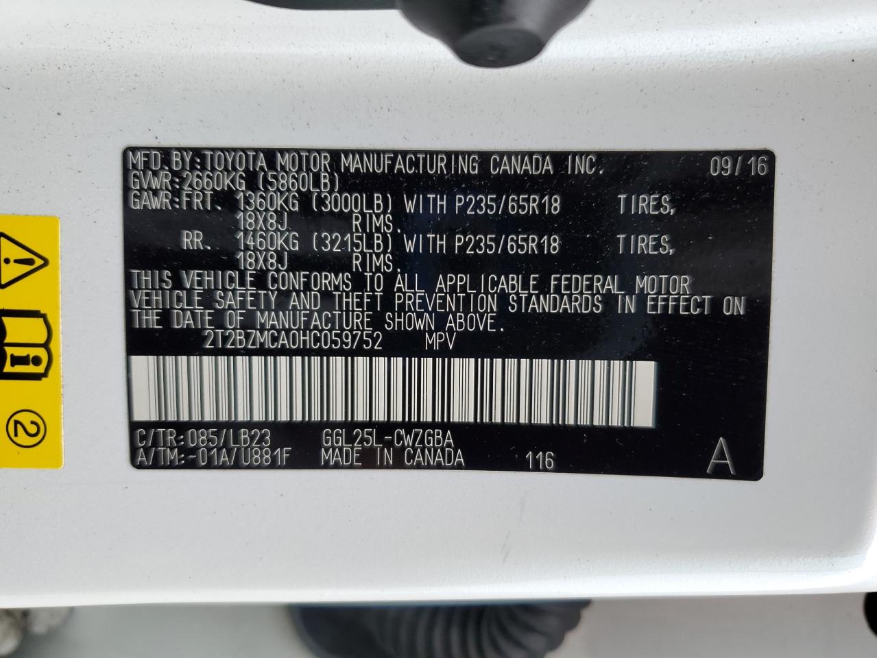 2017 Lexus Rx 350 Base VIN: 2T2BZMCA0HC059752 Lot: 64287325