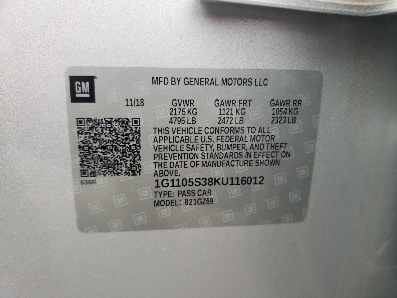 2019 Chevrolet Impala Premier VIN: 1G1105S38KU116012 Lot: 63067845