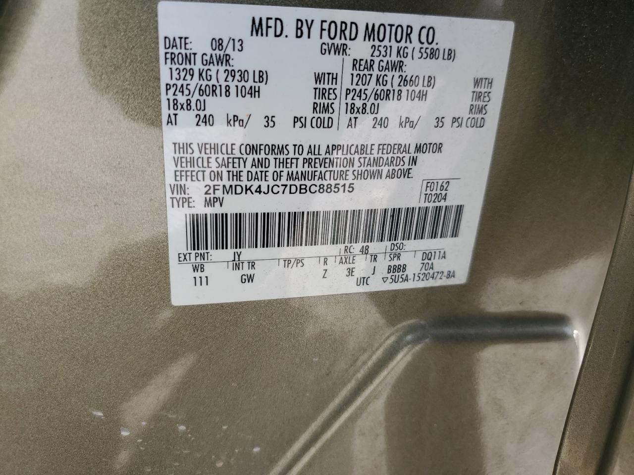 2013 Ford Edge Sel VIN: 2FMDK4JC7DBC88515 Lot: 65966455