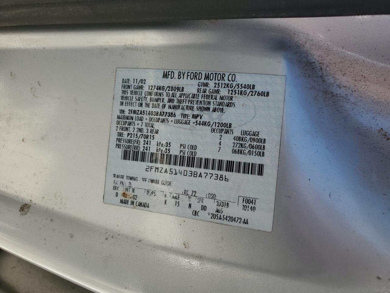 2003 Ford Windstar Lx VIN: 2FMZA51403BA77386 Lot: 66694145