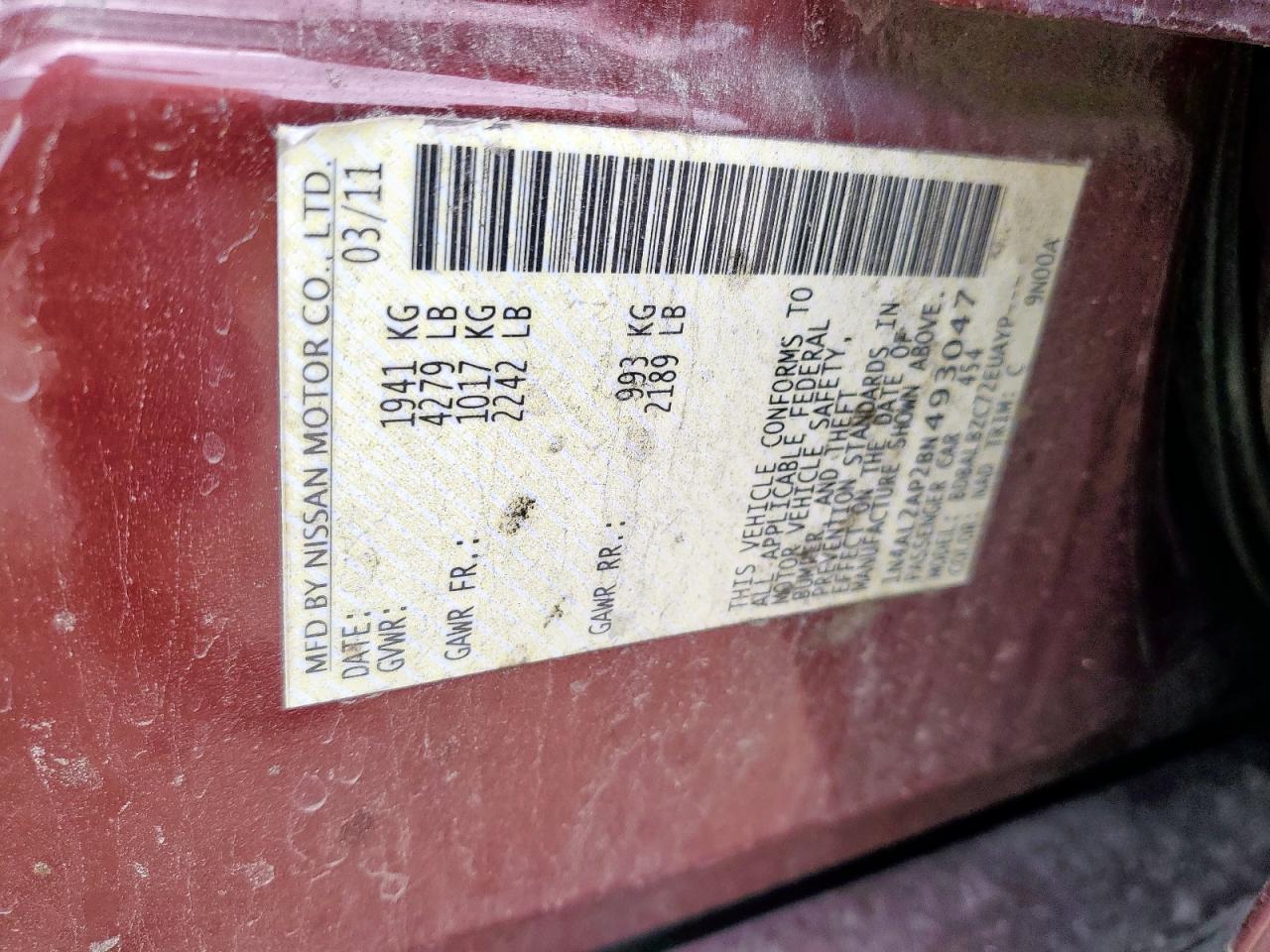 2011 Nissan Altima Base VIN: 1N4AL2AP2BN493047 Lot: 64517485