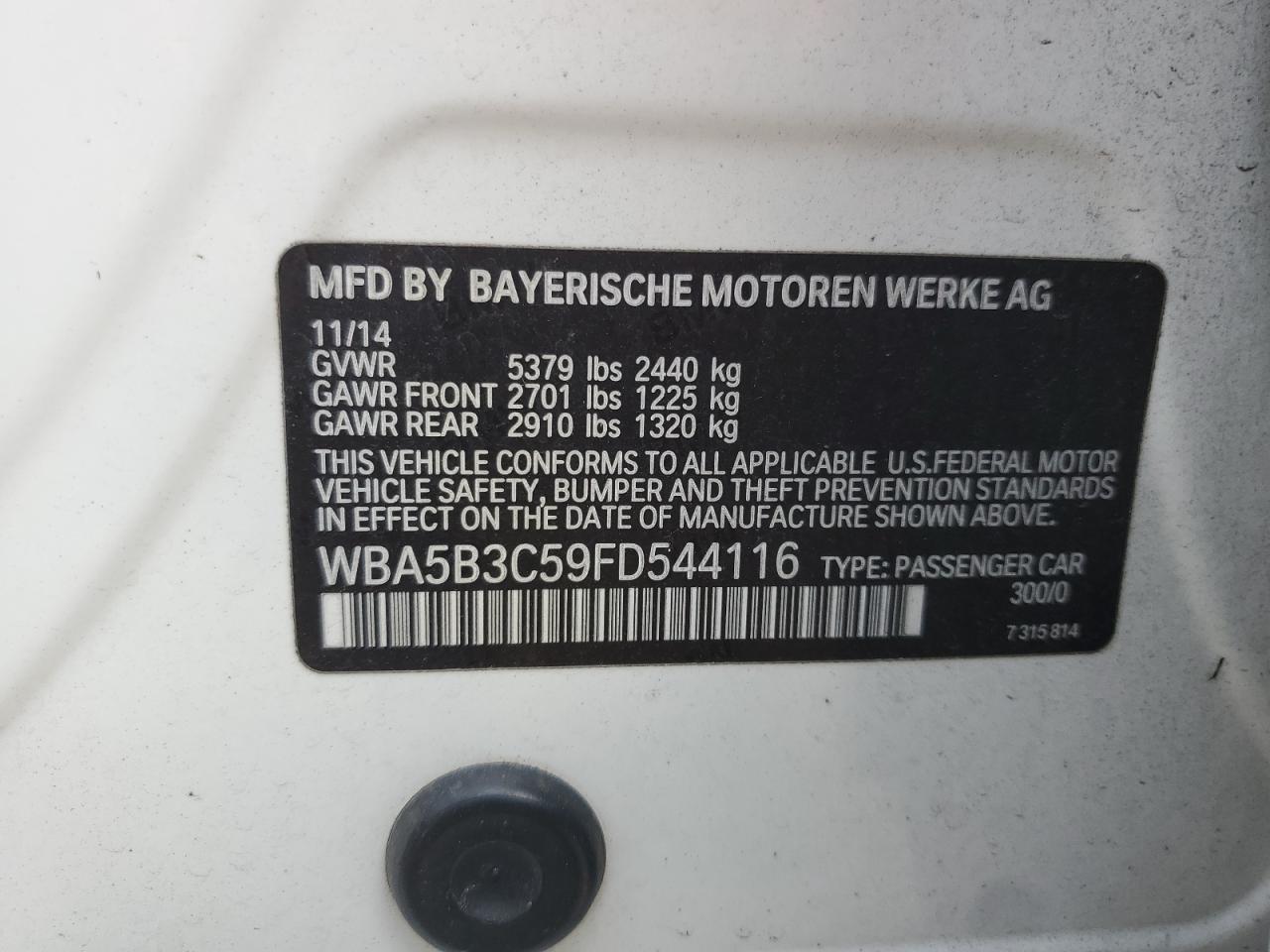 2015 BMW 535 Xi VIN: WBA5B3C59FD544116 Lot: 63929645