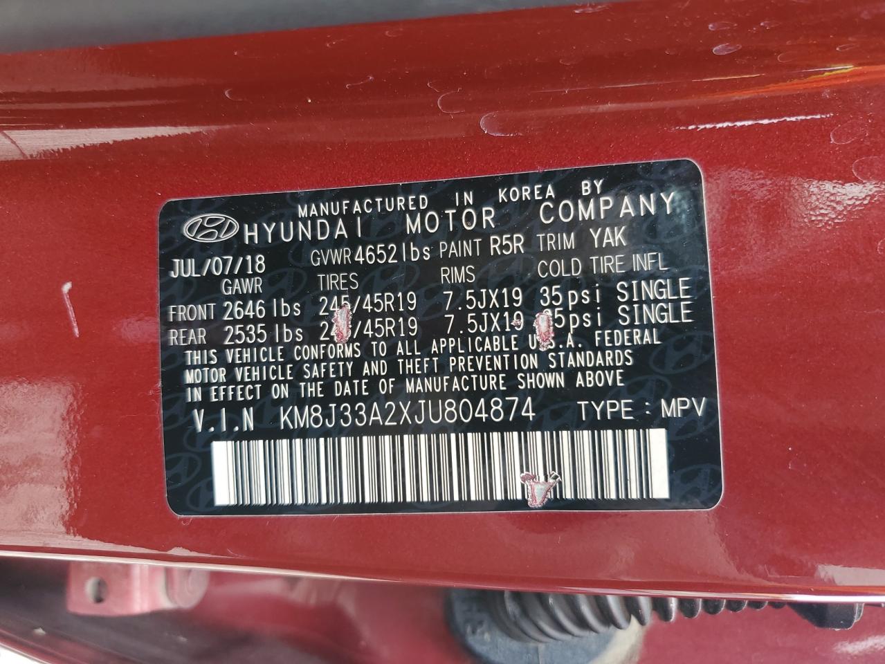 2018 Hyundai Tucson Value VIN: KM8J33A2XJU804874 Lot: 64748235