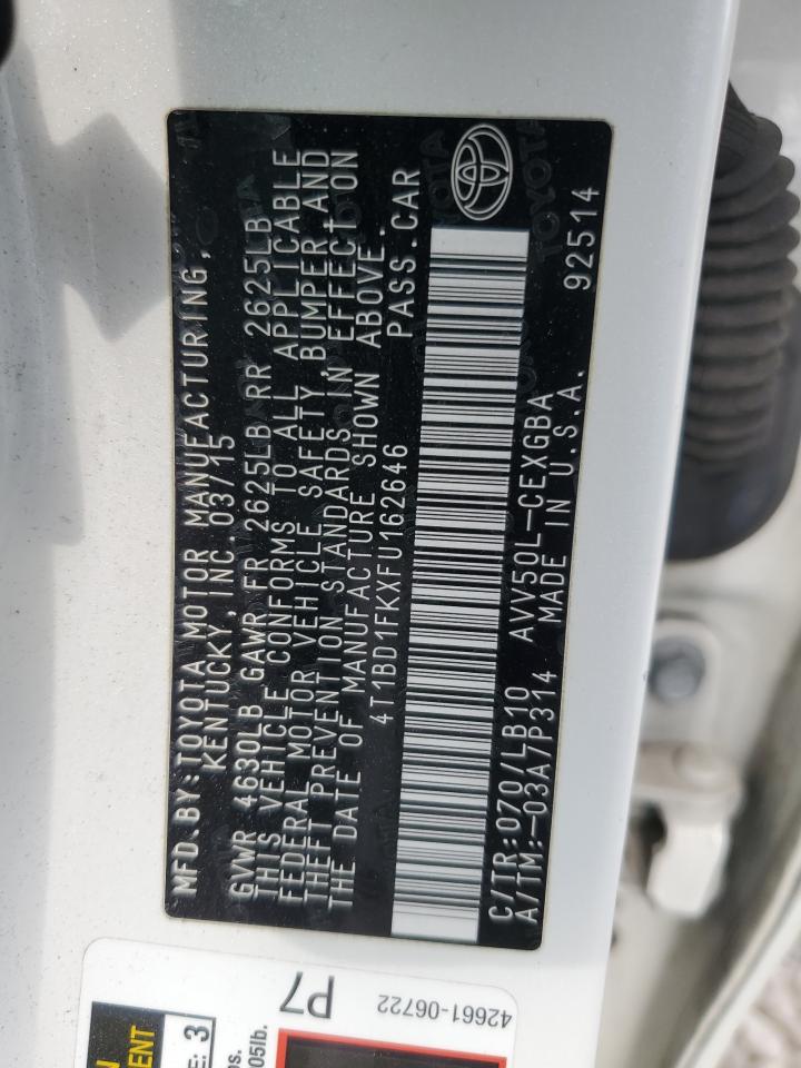 2015 Toyota Camry Hybrid VIN: 4T1BD1FKXFU162646 Lot: 64986715