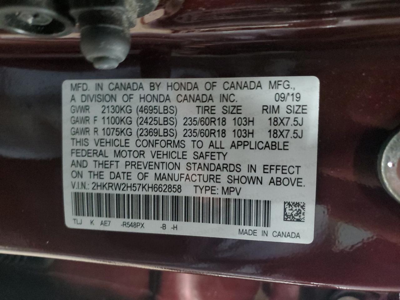 2019 Honda Cr-V Ex VIN: 2HKRW2H57KH662858 Lot: 64922875