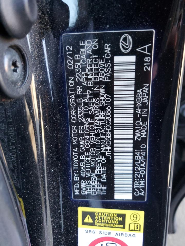 2012 Lexus Ct 200 VIN: JTHKD5BH0C2086107 Lot: 65283035