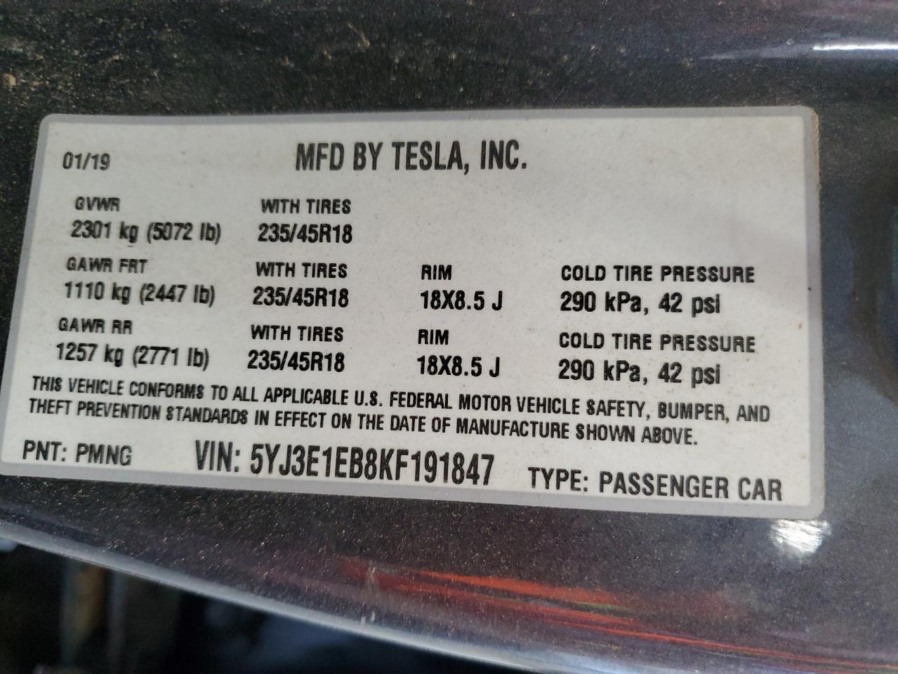 2019 Tesla Model 3 VIN: 5YJ3E1EB8KF191847 Lot: 65095745