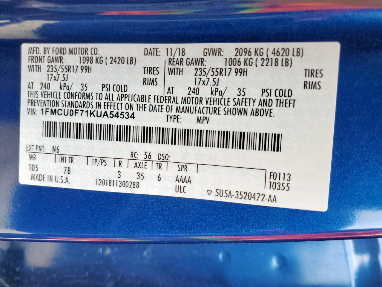 2019 Ford Escape S VIN: 1FMCU0F71KUA54534 Lot: 65383715
